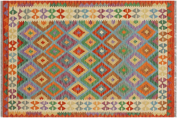 Flat Weave Kilim, Antique, Navaho, Vintage, Handmade, Geometric Kilim Blue Beige Hand-Woven Rectangle 100% Wool Area Rug 3 x 5